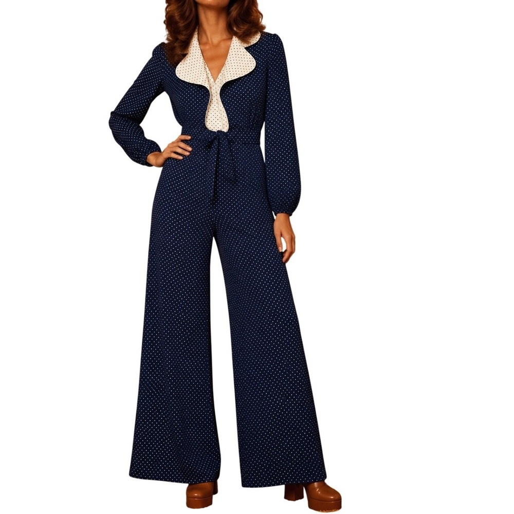 Vintage 1970's Polka Dot Bell Bottom Jumpsuit Set Navy Retro S Kitsch Sailor
